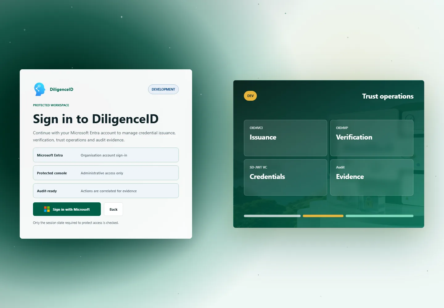 DiligenceID sign-in interface showing issuance, verification, credentials and audit as protected trust operations