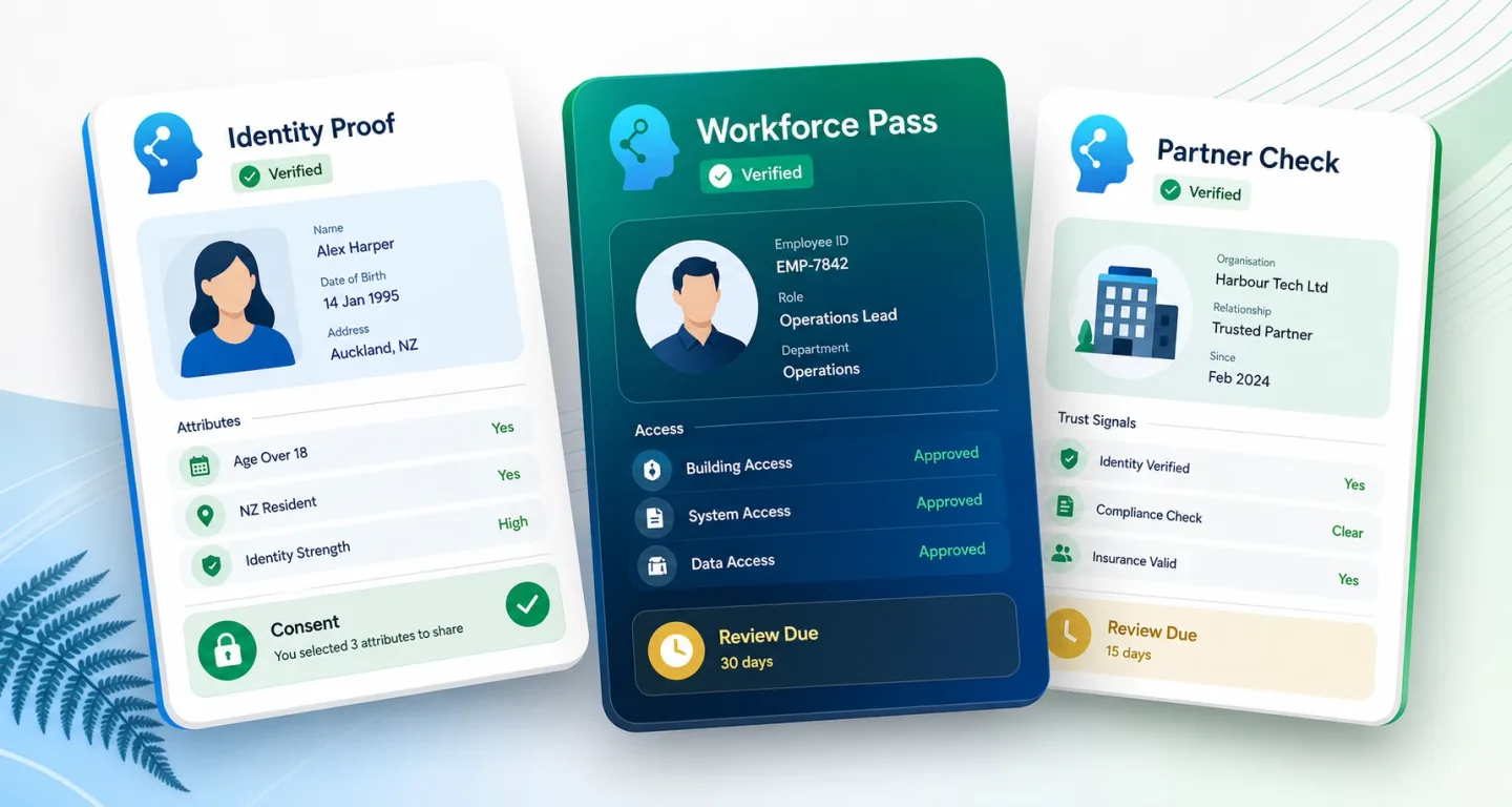 Three illustrative digital credentials for identity, workforce and partner evidence