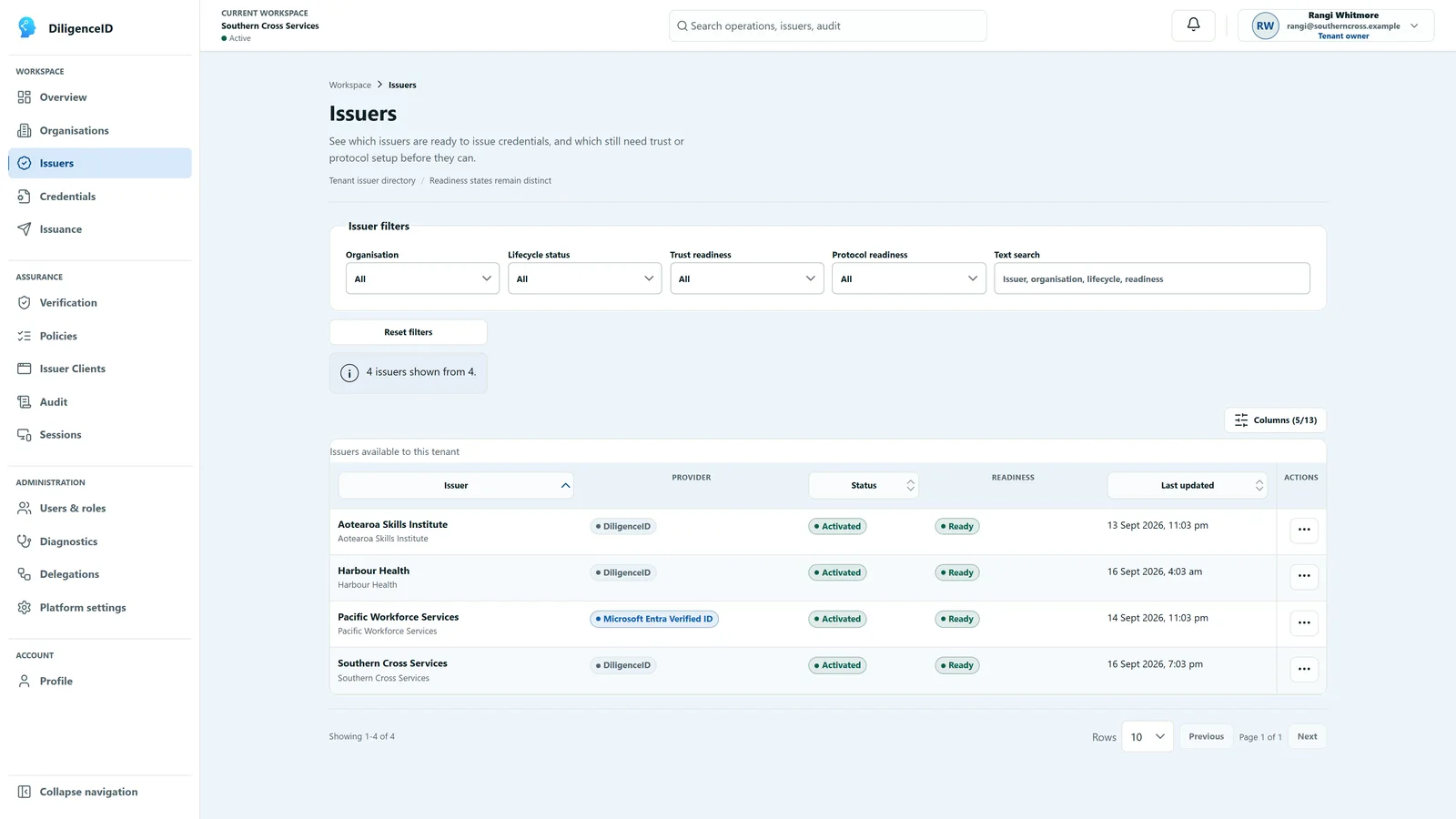 A list of credential issuers, each labelled with the provider it uses — either DiligenceID or Microsoft Entra Verified ID