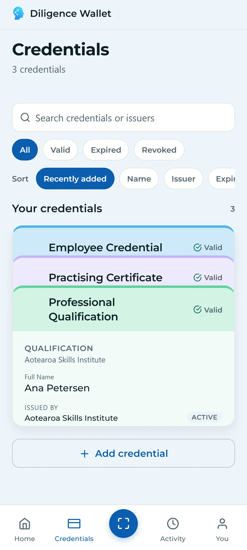 Credentials held in a wallet on a phone, each card naming the organisation that issued it and showing that it is currently valid