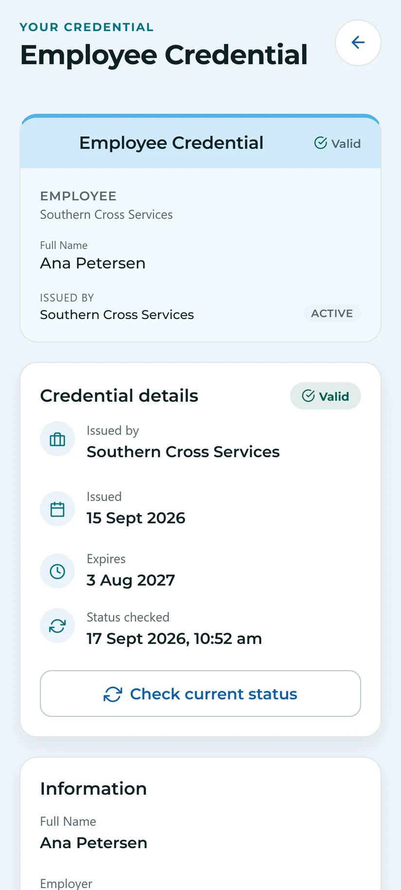 One credential opened on a phone, showing which organisation issued it, how long it is valid for and what it says