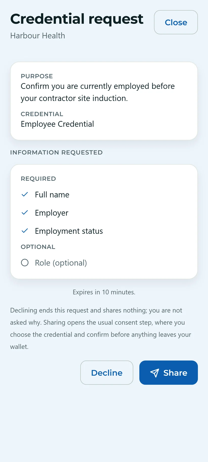 A request on a phone showing which organisation is asking, why, which facts are required and which are optional, with buttons to share or decline