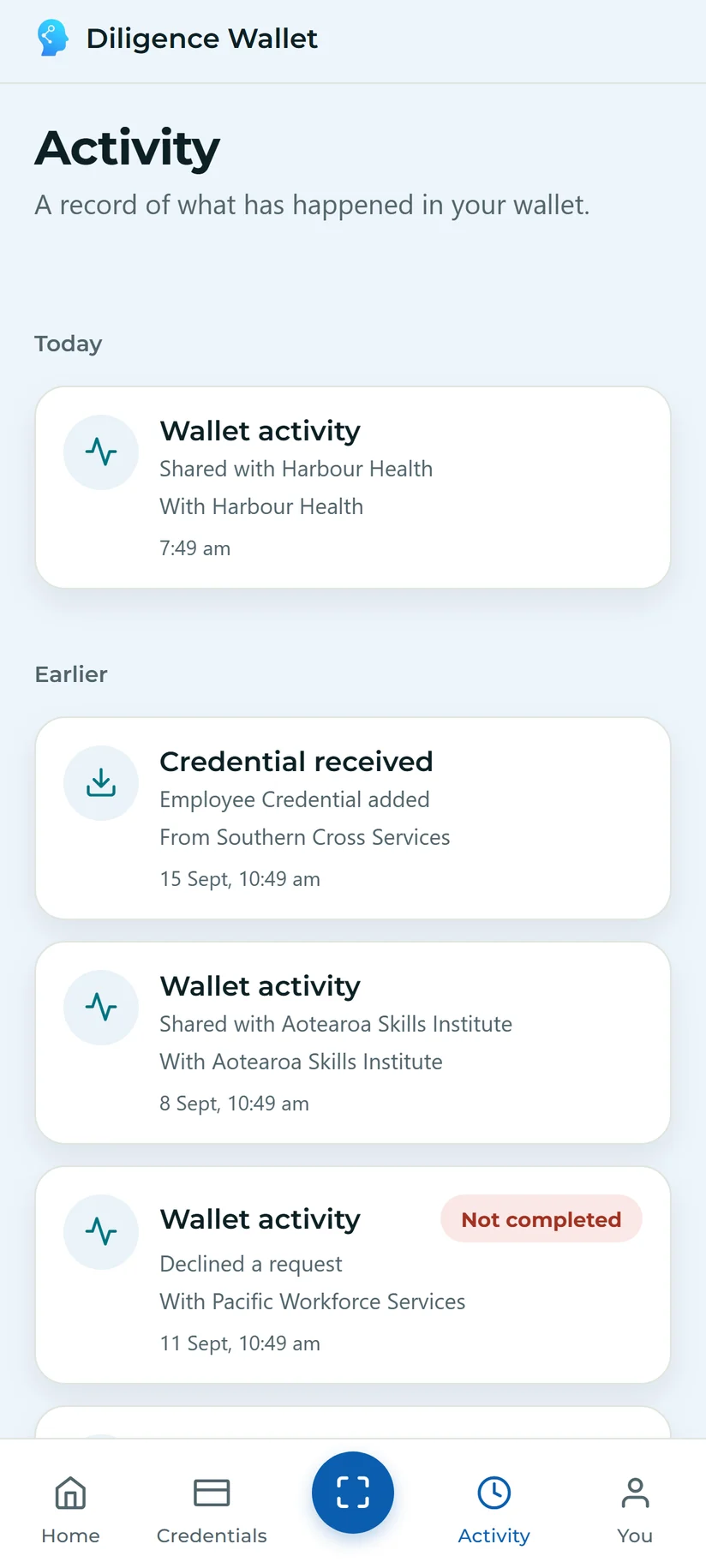 A history on a phone of credentials received and shared, including requests the person declined