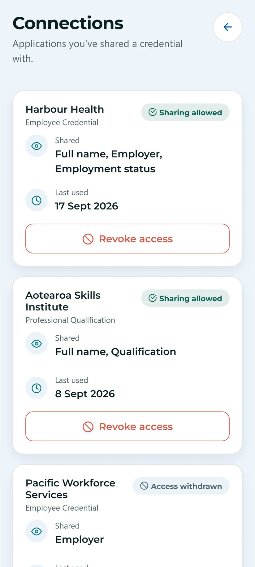 A list on a phone of organisations the person is connected to, each with a control to end the connection